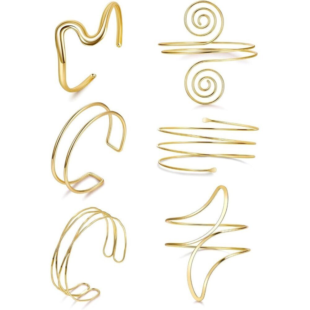 6PCS Gold Arm Cuffs for Women Adjustable Open Coil Swirl Brass Jewelry